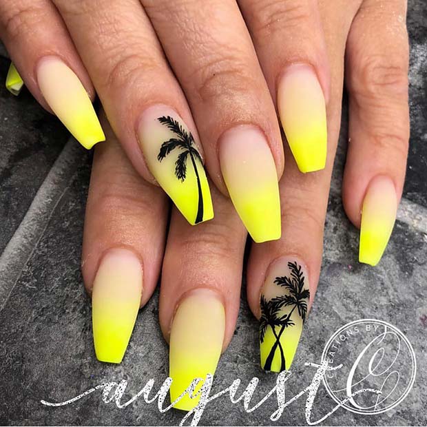 Yellow Ombre Nails with a Palm Tree Design