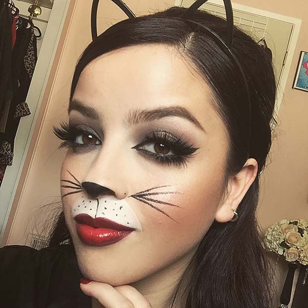 Cat Makeup with Smokey Eyes and Red Lips