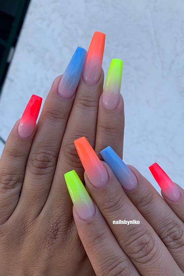 Colorful Neon Ombre Coffin Nails