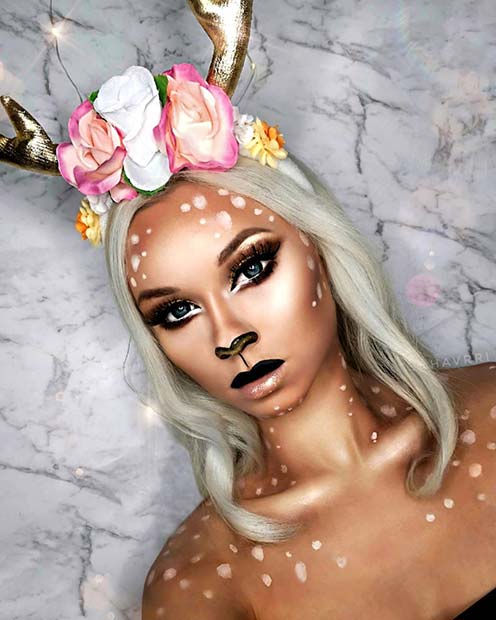 Glam Deer Makeup with Flowers and Antlers