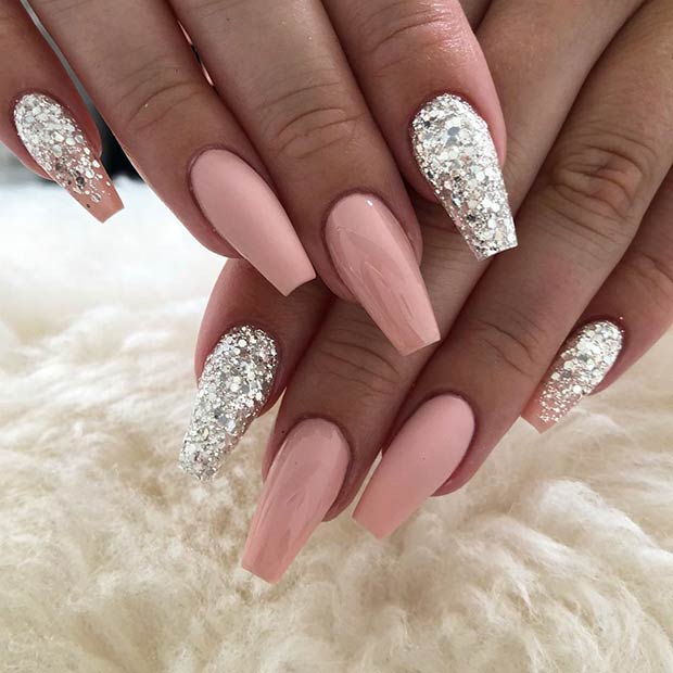 Nude and Silver Glitter Nails