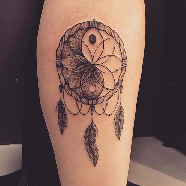 Shaded Yin and Yang Dream Catcher Tattoo