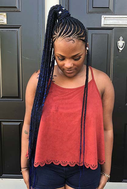 Feed in Ponytail with Blue Braids