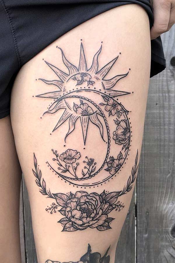 Sun and Moon Floral Thigh Tattoo
