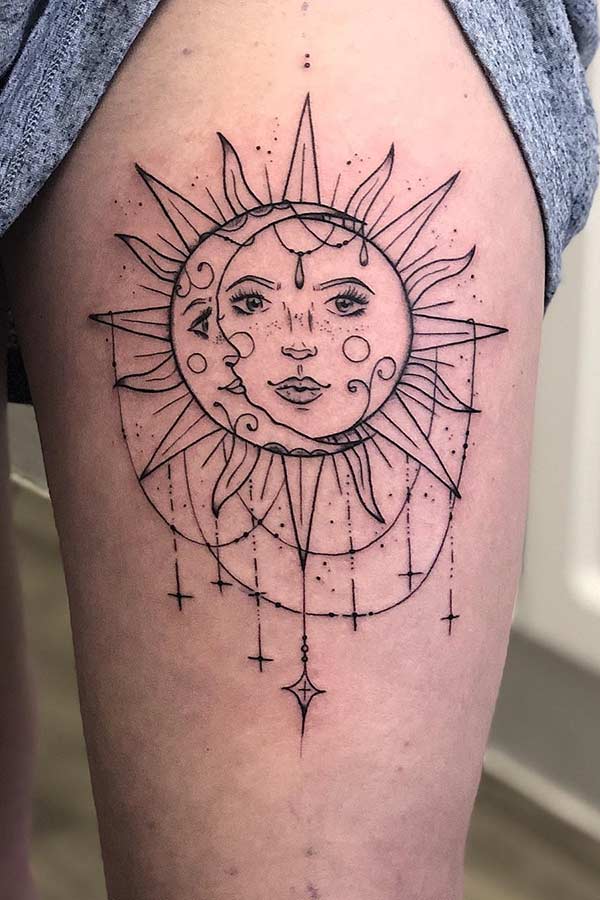 Trendy Sun and Moon Thigh Tattoo