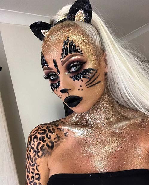 Unique Cat Makeup with Glitter and Gems