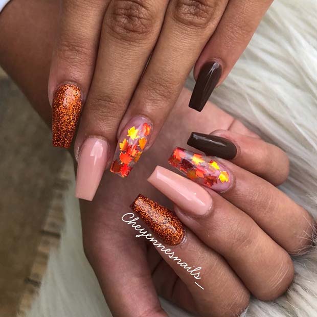 Autumnal Leaves and Glitter Nails Design