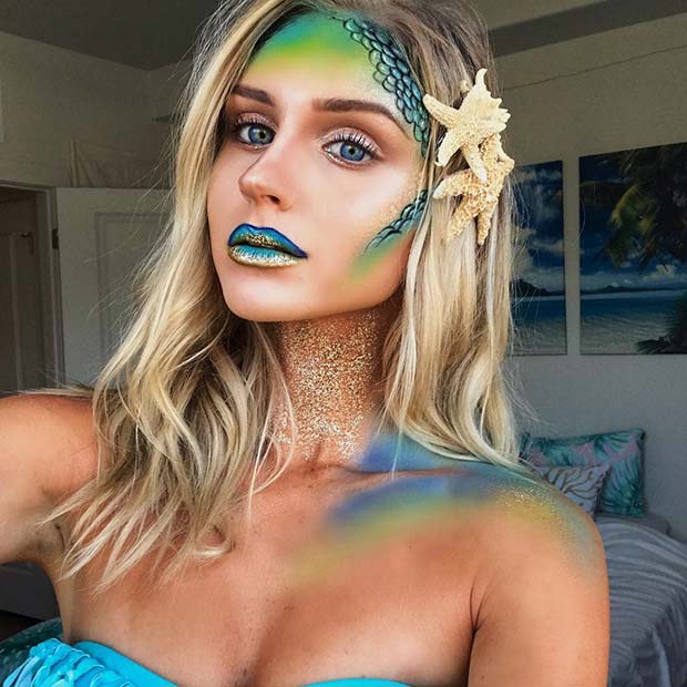 Blue and Green Mermaid Makeup with Gold Glitter