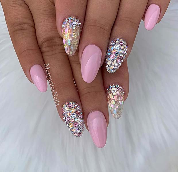 Short Pink Nails with Rhinestones 