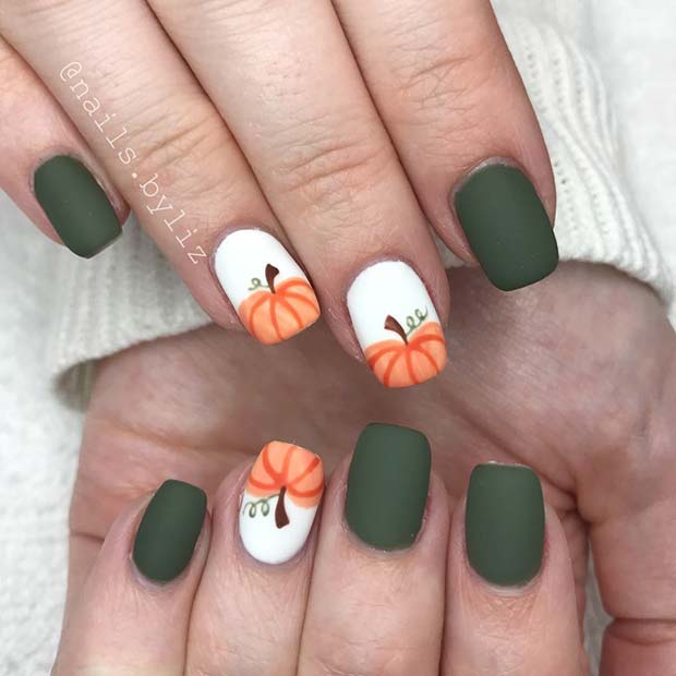 Green Nails with Pumpkin Nail Art