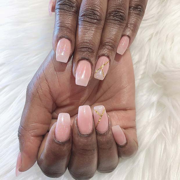 Nude Nails with A Pop of Gold