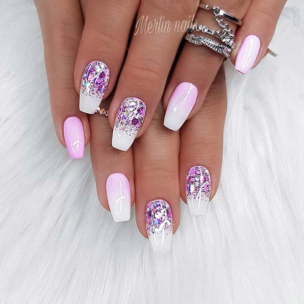 Light Pink Nails with Purple Sparkle