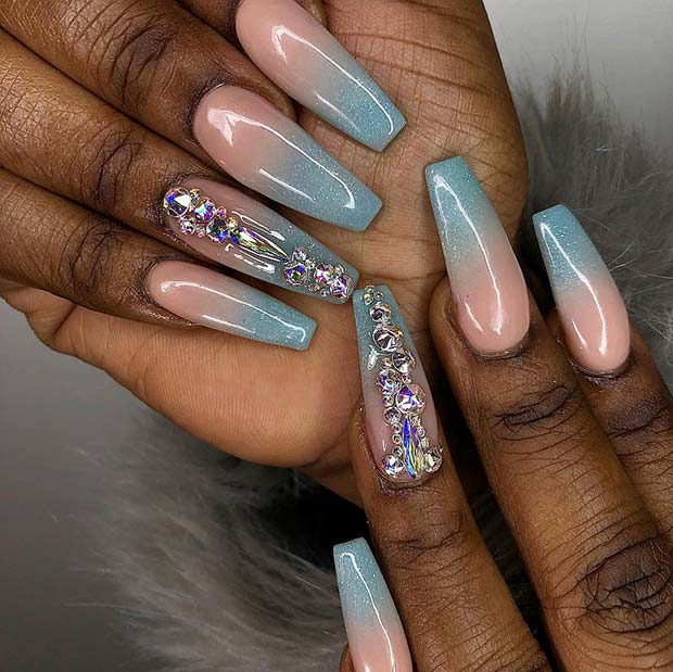 Nude and Blue Glitter Ombre Nails 