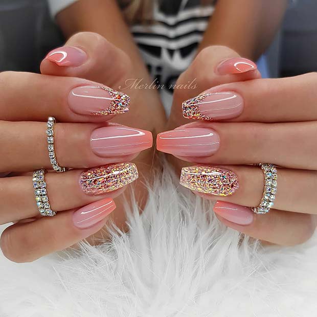 Pink and Sparkly Short Coffin Nails