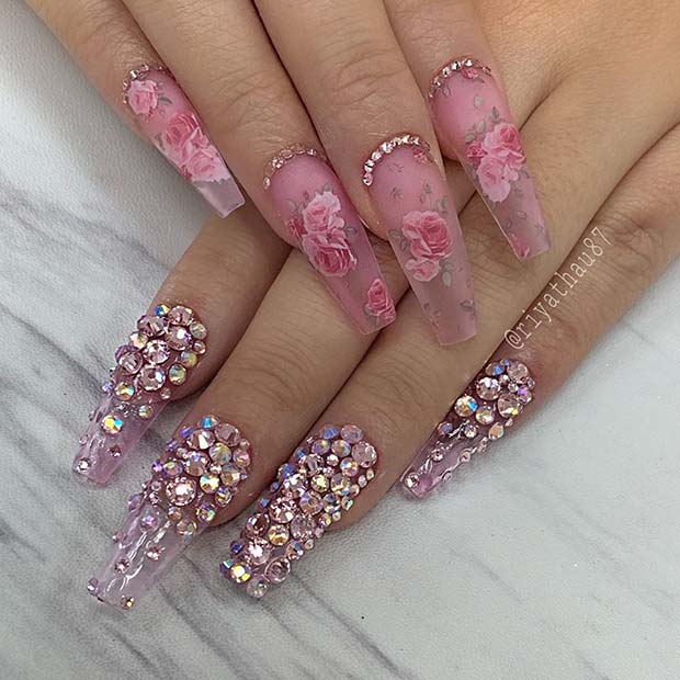 Nail Design with Roses and Diamonds