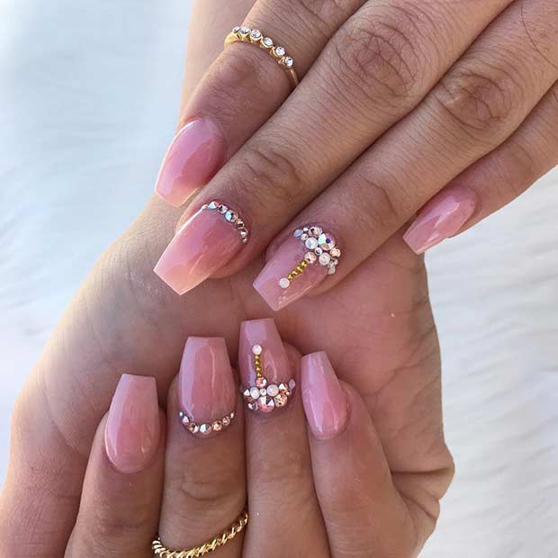 Short Nude Coffin Nails with Rhinestones
