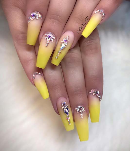Yellow Ombre Nails with Rhinestones