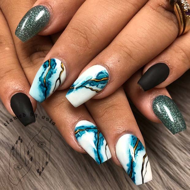 Short Coffin Marble Nails