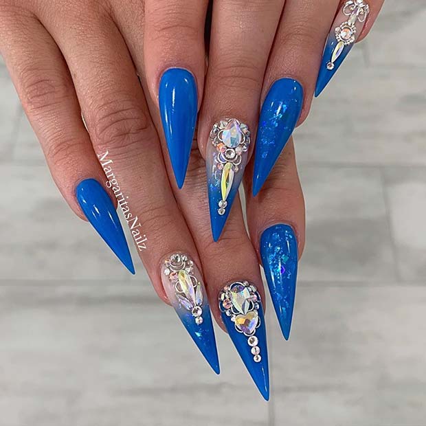 Vibrant Blue Nails with Rhinestones