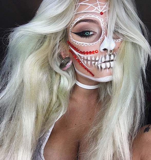 White Skull Makeup with Red Rhinestones