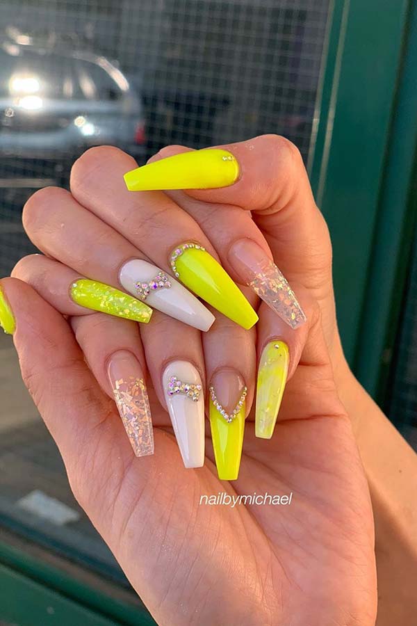 Glitzy Yellow Acrylic Nails