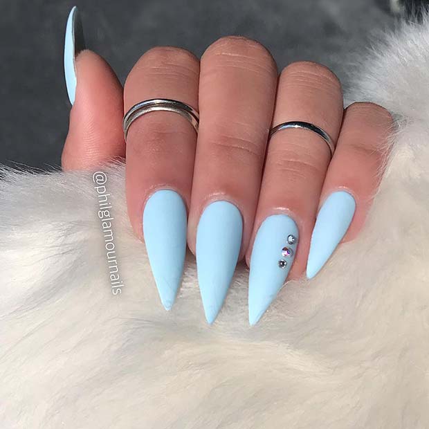Baby Blue Stiletto Nails with Gems
