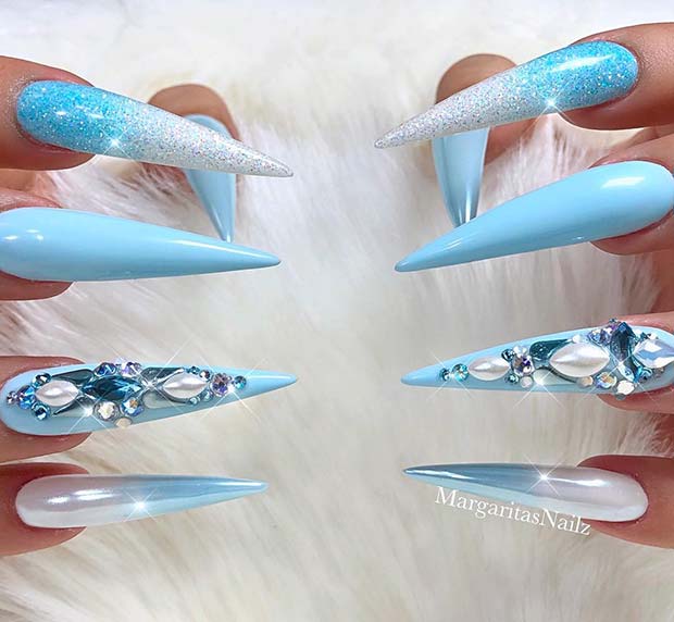 light blue acrylic nails with gems