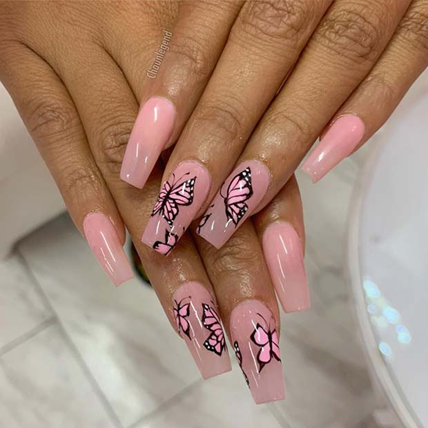 Cute Pink Butterfly Nails