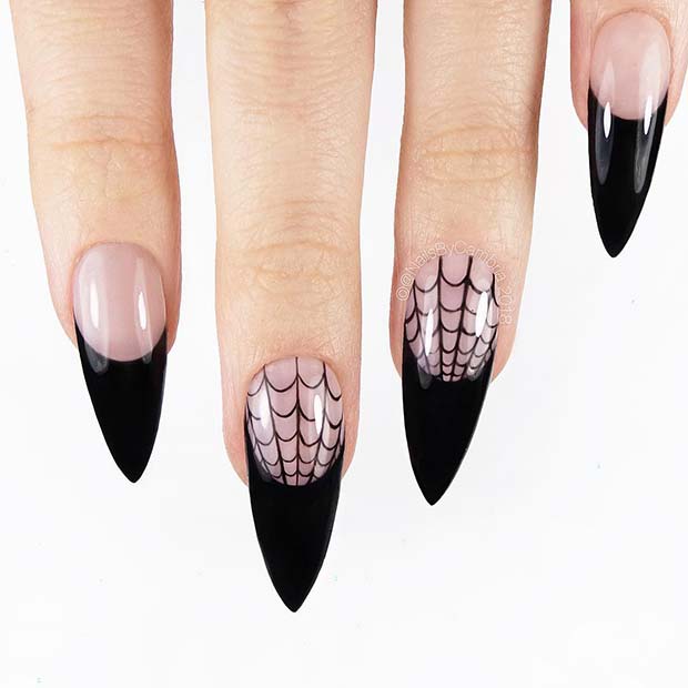 Elegant Nails with Black Tips and Spider Webs