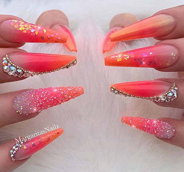 Glitzy Orange Coffin Nails