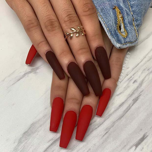 Matte Red and Brown Coffin Nails