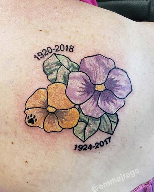 Memorial Tattoo with Flowers and Dates