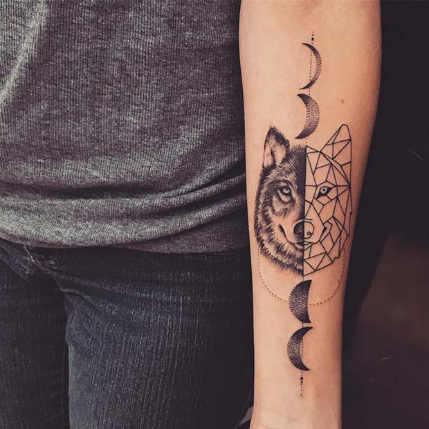 Diseño de tatuaje de luna y lobo