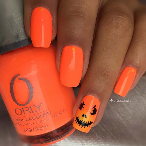 Orange Nails with Pumpkin Nail Art