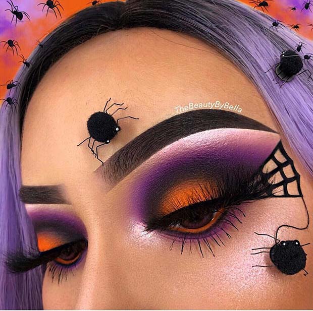 Purple and Orange Eye Makeup with Spiders and a Web