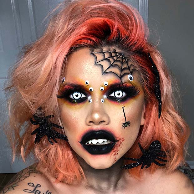Scary Halloween Makeup with Spiders