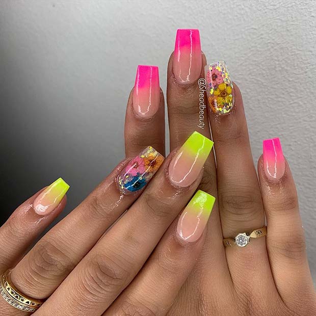 Neon Ombre Nails with Flowers