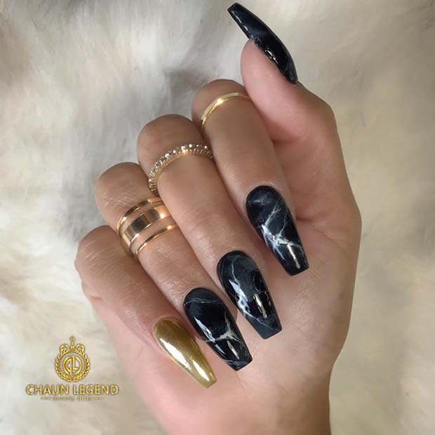 Black Marble with a Gold Accent Nail