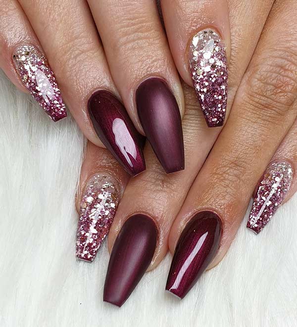 Burgundy and Glitter Coffin Nails