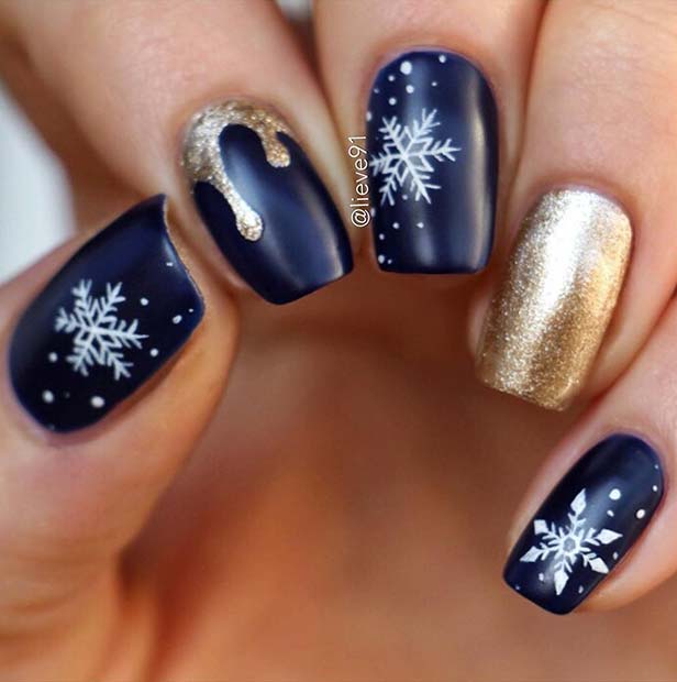 Dark Nails with Snowflakes and Gold Glitter