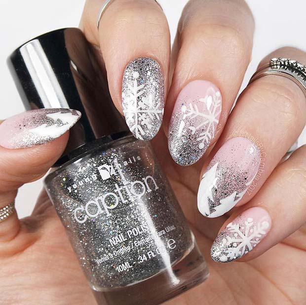 Glitter Nails with Snowflakes and Christmas Trees