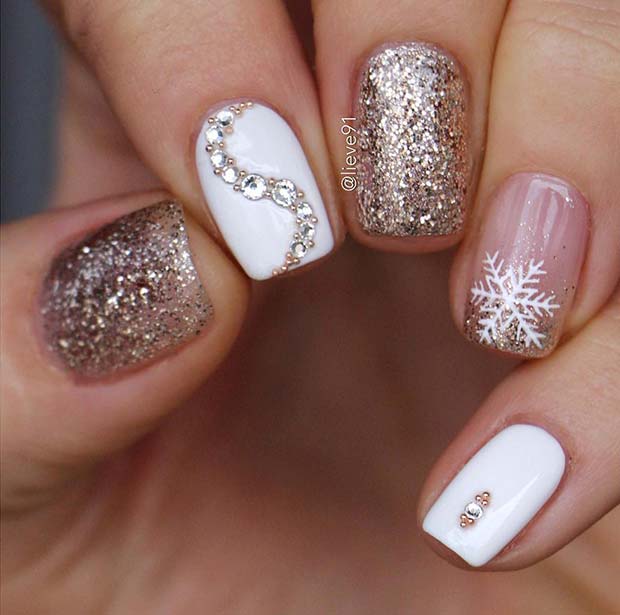 Glitzy Winter Nails with Rhinestones and Glitter