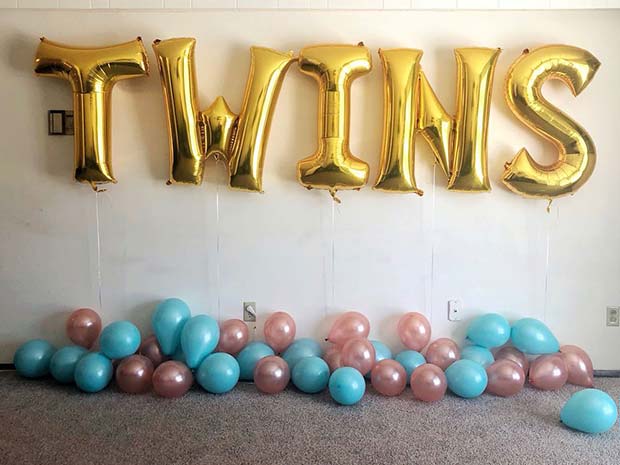 Gold Twins Balloon with Pink and Blue Balloons