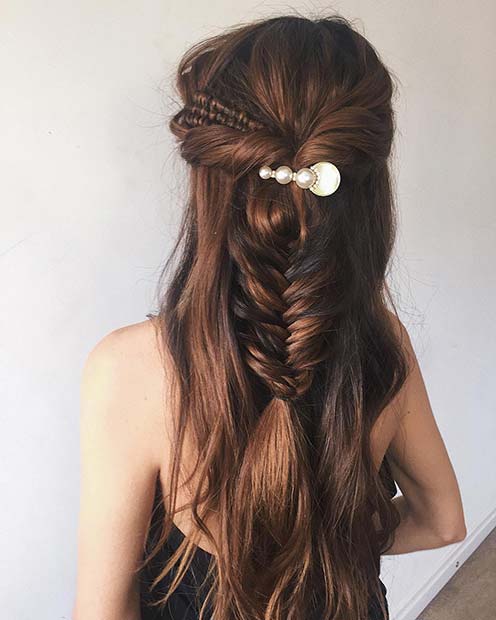 Half Up Fishtail Braid with a Stylish Accessory