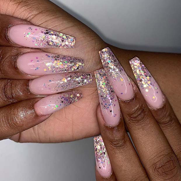 Light Pink Nails with Sparkly Tips