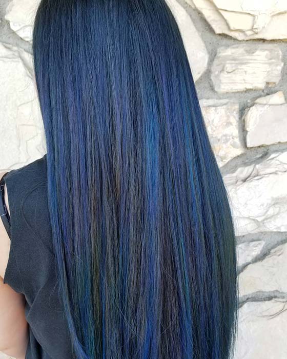 Long Blue Black Hair with Highlights