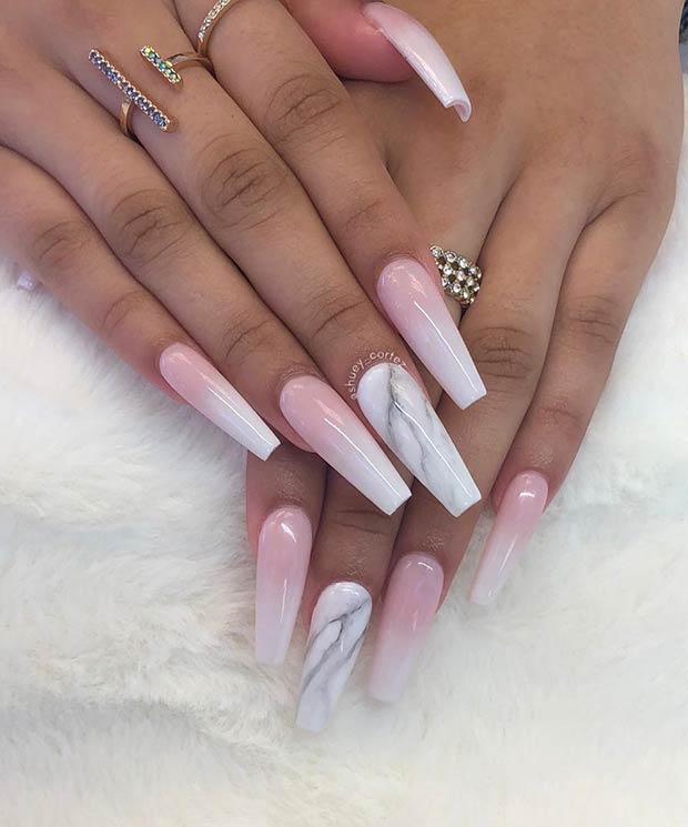 Marble and French Ombre Coffin Nails
