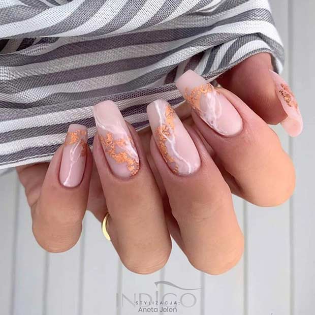 Nude Marble Nails with Gold Foil