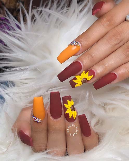 Cute Sunflower Nails for Fall 