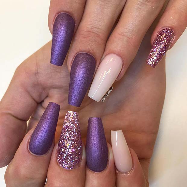Purple Coffin Nails with Glitter 